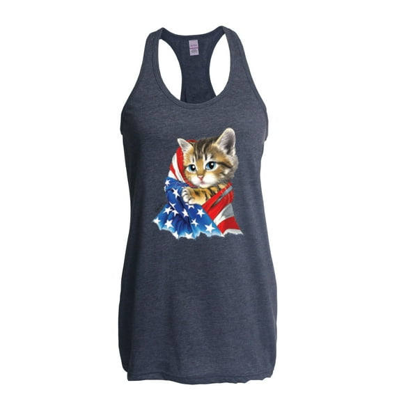 MmF - Women's Racerback Tank Top, up to Women Size 2XL - American Flag 4th of July Kitty