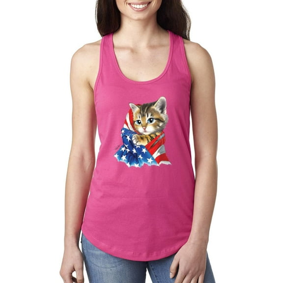 MmF - Women's Racerback Tank Top, up to Women Size 2XL - American Flag 4th of July Kitty
