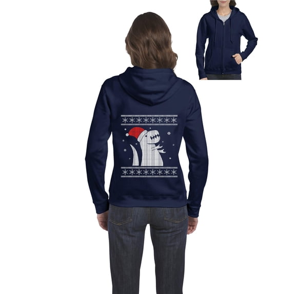 MmF - Women's Sweatshirt Full-Zip Pullover - XMAS DINOSAUR UGLY SWEATER