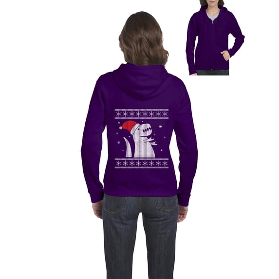 MmF - Women's Sweatshirt Full-Zip Pullover - XMAS DINOSAUR UGLY SWEATER
