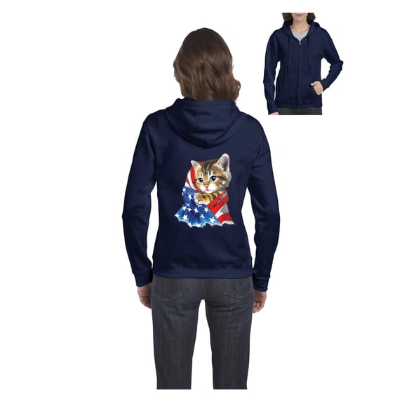 MmF - Women's Sweatshirt Full-Zip Pullover, up to Women Size 3XL - American Flag 4th of July Kitty