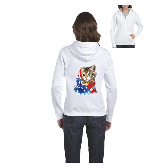 MmF - Women's Sweatshirt Full-Zip Pullover, up to Women Size 3XL - American Flag 4th of July Kitty