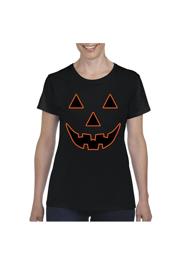 MmF - Women's T-Shirt Short Sleeve - Halloween Jack O' Lantern Pumpkin Face
