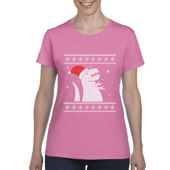 MmF - Women's T-Shirt Short Sleeve - XMAS DINOSAUR UGLY SWEATER
