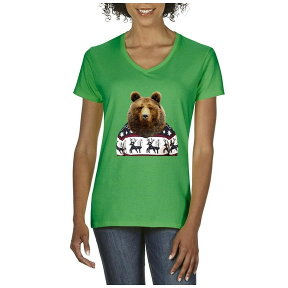 MmF - Women's T-Shirt V-Neck Short Sleeve - BEAR IN XMAS UGLY SWEATER