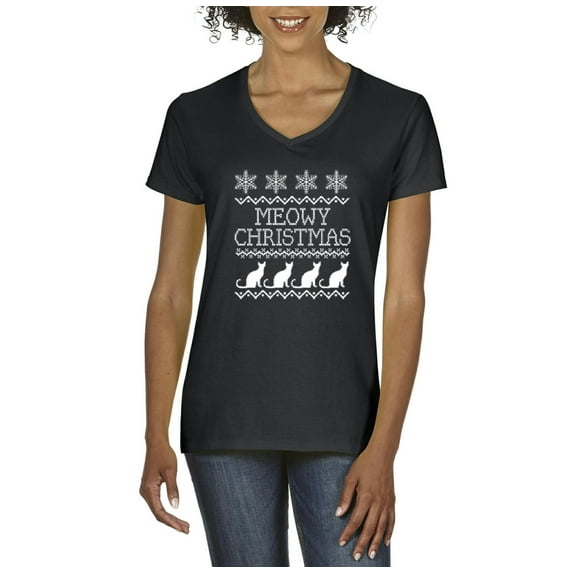 MmF - Women's T-Shirt V-Neck Short Sleeve - Christmas Kitten Meowy