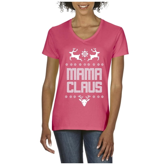 MmF - Women's T-Shirt V-Neck Short Sleeve - Christmas Mama Claus Deers