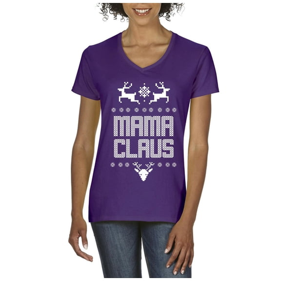 MmF - Women's T-Shirt V-Neck Short Sleeve - Christmas Mama Claus Deers