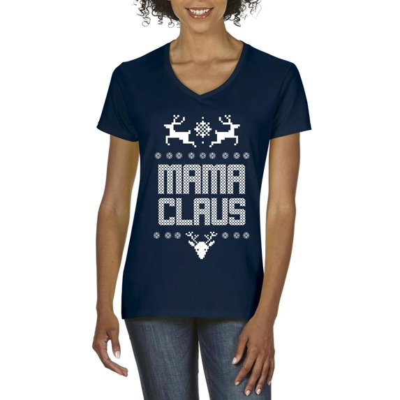 MmF - Women's T-Shirt V-Neck Short Sleeve - Christmas Mama Claus Deers