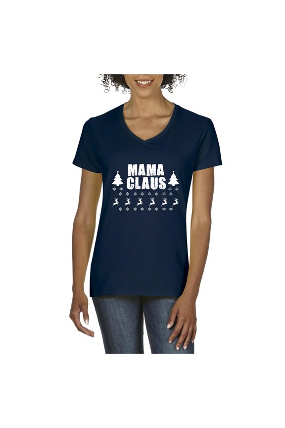MmF - Women's T-Shirt V-Neck Short Sleeve - Christmas Mama Claus