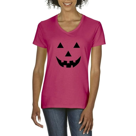 MmF - Women's T-Shirt V-Neck Short Sleeve - Halloween Halloween Pumpkin Face in Black