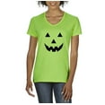 thumbnail image 1 of MmF - Women's T-Shirt V-Neck Short Sleeve - Halloween Halloween Pumpkin Face in Black, 1 of 5
