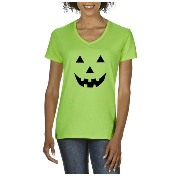 MmF - Women's T-Shirt V-Neck Short Sleeve - Halloween Halloween Pumpkin Face in Black