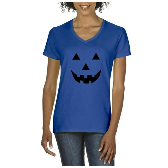 MmF - Women's T-Shirt V-Neck Short Sleeve - Halloween Halloween Pumpkin Face in Black