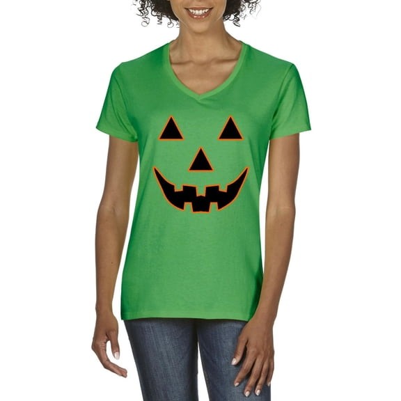 MmF - Women's T-Shirt V-Neck Short Sleeve - Halloween Jack O' Lantern Pumpkin Face