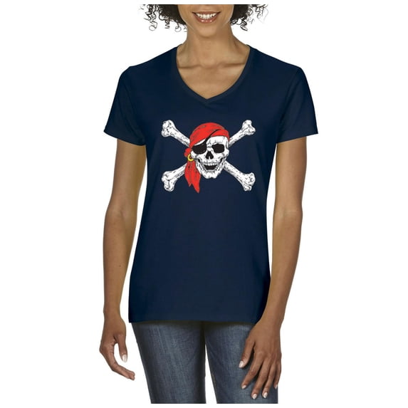 MmF - Women's T-Shirt V-Neck Short Sleeve - Halloween Jolly Roger Skull Crossbones