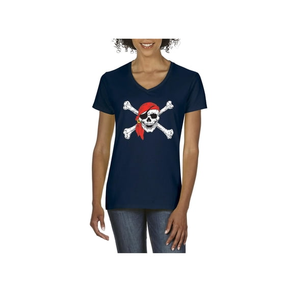 Women's T-Shirt V-Neck Short Sleeve - Jolly Roger Skull & Crossbones