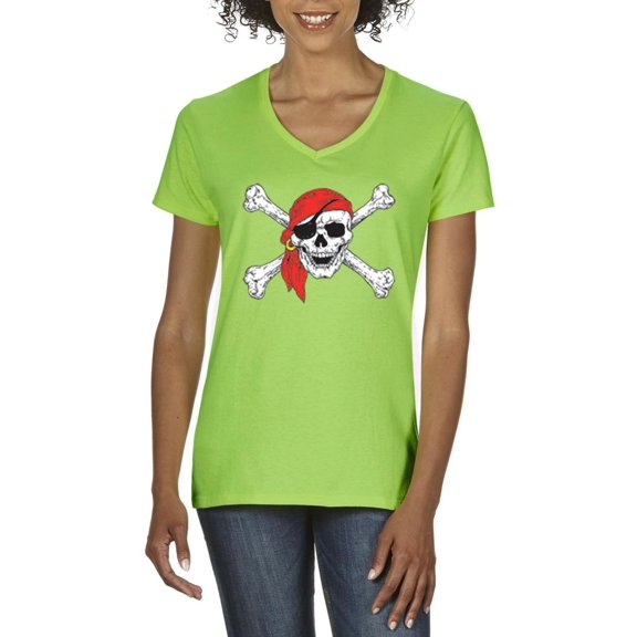 MmF - Women's T-Shirt V-Neck Short Sleeve - Halloween Jolly Roger Skull Crossbones
