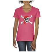 MmF - Women's T-Shirt V-Neck Short Sleeve - Halloween Jolly Roger Skull Crossbones