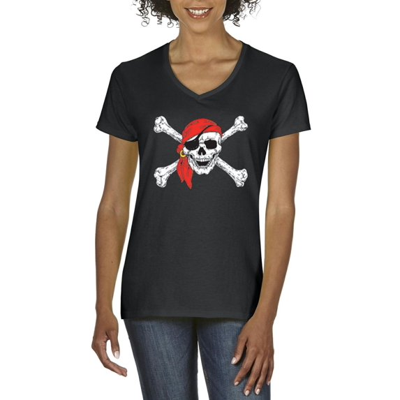 MmF - Women's T-Shirt V-Neck Short Sleeve - Halloween Jolly Roger Skull Crossbones