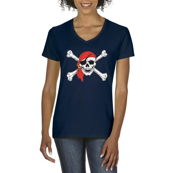 Artix - Women's T-Shirt V-Neck Short Sleeve - Jolly Roger Skull & Crossbones