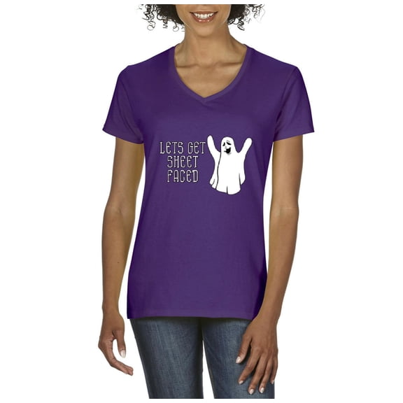 MmF - Women's T-Shirt V-Neck Short Sleeve - Halloween Let`s Get Sheet Faced Ghost