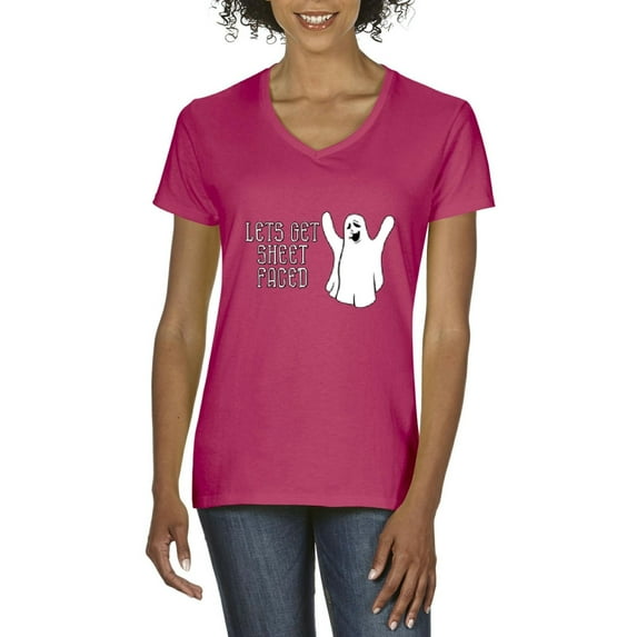 MmF - Women's T-Shirt V-Neck Short Sleeve - Halloween Let`s Get Sheet Faced Ghost
