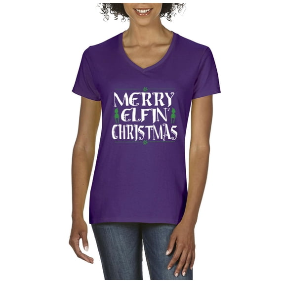 MmF - Women's T-Shirt V-Neck Short Sleeve - Merry Christmas ELF in Green