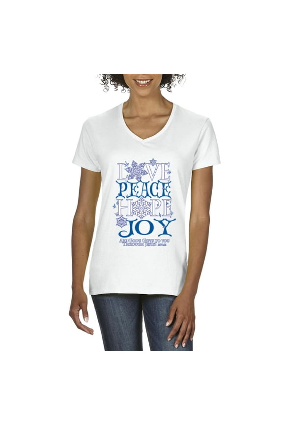 MmF - Women's T-Shirt V-Neck Short Sleeve - PEACE HOPE LOVE JOY