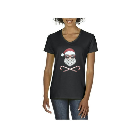 Women's T-Shirt V-Neck Short Sleeve - Santa Skull