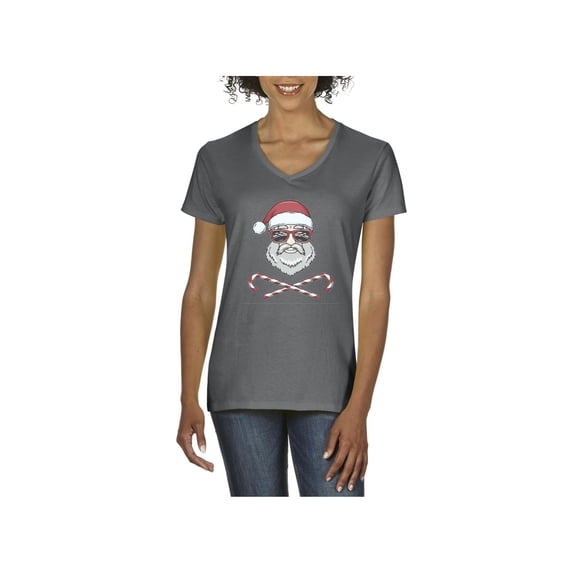 MmF - Women's T-Shirt V-Neck Short Sleeve - Santa Christmas Skull
