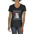 thumbnail image 1 of MmF - Women's T-Shirt V-Neck Short Sleeve - XMAS DINOSAUR UGLY SWEATER, 1 of 5