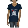 thumbnail image 1 of MmF - Women's T-Shirt V-Neck Short Sleeve - XMAS DINOSAUR UGLY SWEATER, 1 of 5