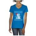 thumbnail image 1 of MmF - Women's T-Shirt V-Neck Short Sleeve - XMAS DINOSAUR UGLY SWEATER, 1 of 5