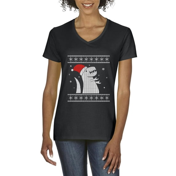 MmF - Women's T-Shirt V-Neck Short Sleeve - XMAS DINOSAUR UGLY SWEATER