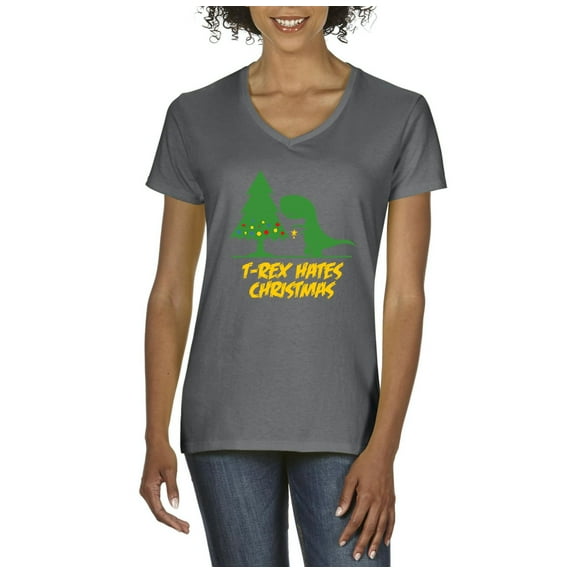 MmF - Women's T-Shirt V-Neck Short Sleeve - XMAS DINOSAUR