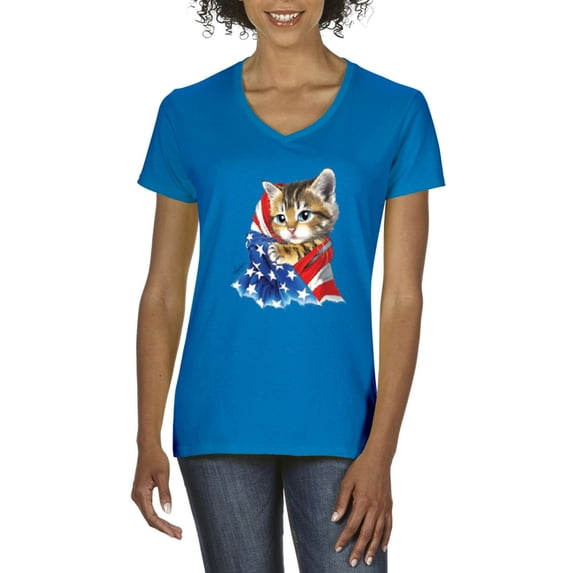 MmF - Women's T-Shirt V-Neck Short Sleeve, up to Women Size 3XL - American Flag 4th of July Kitty