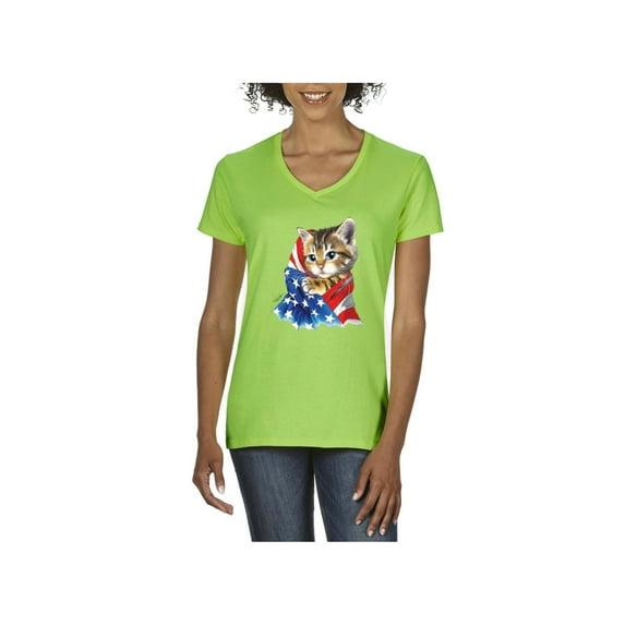 MmF - Women's T-Shirt V-Neck Short Sleeve, up to Women Size 3XL - American Flag 4th of July Kitty