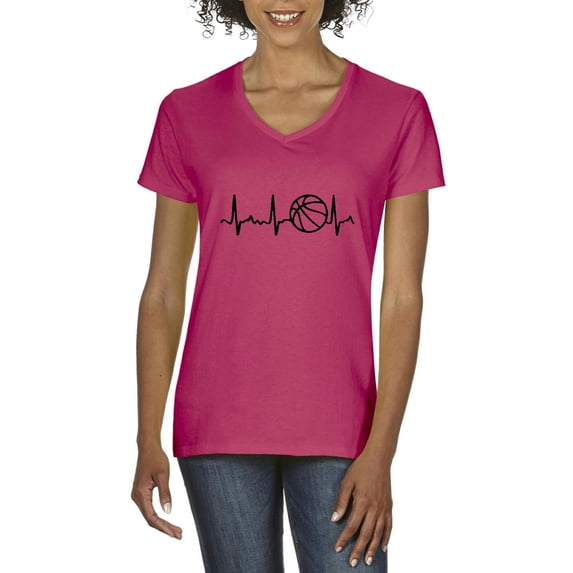 MmF - Women's T-Shirt V-Neck Short Sleeve, up to Women Size 3XL - Basketball Heartbeat