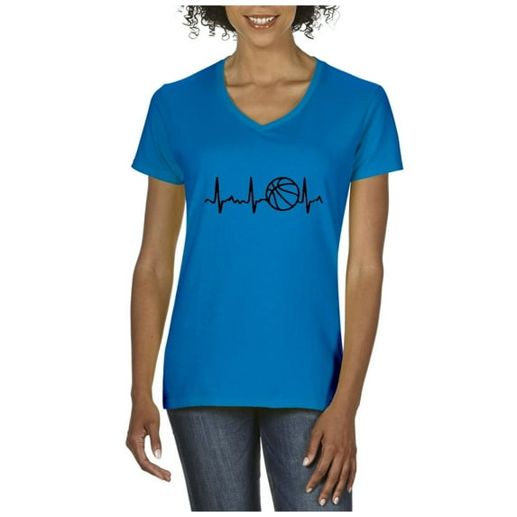 MmF - Women's T-Shirt V-Neck Short Sleeve, up to Women Size 3XL - Basketball Heartbeat