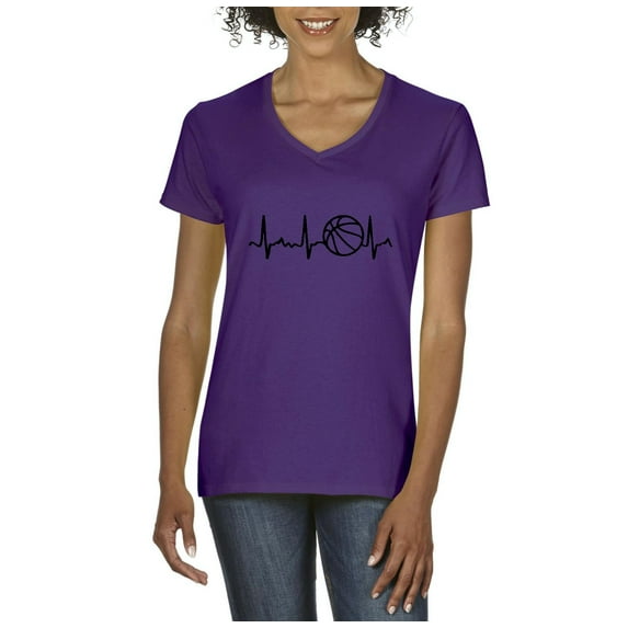 MmF - Women's T-Shirt V-Neck Short Sleeve, up to Women Size 3XL - Basketball Heartbeat