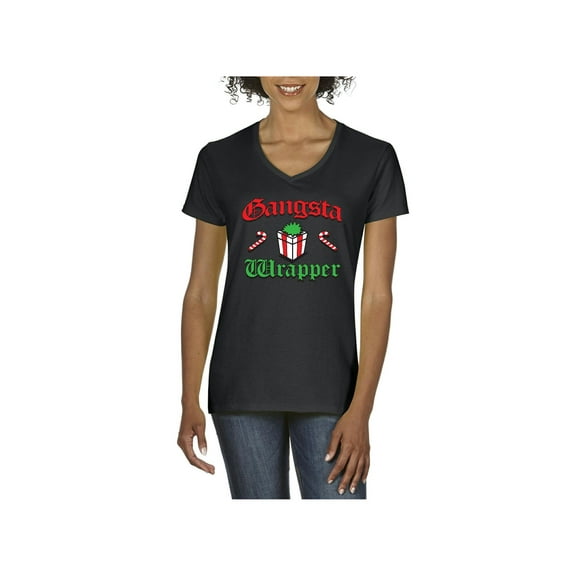 MmF - Women's T-Shirt V-Neck Short Sleeve, up to Women Size 3XL - Christmas Wrapper