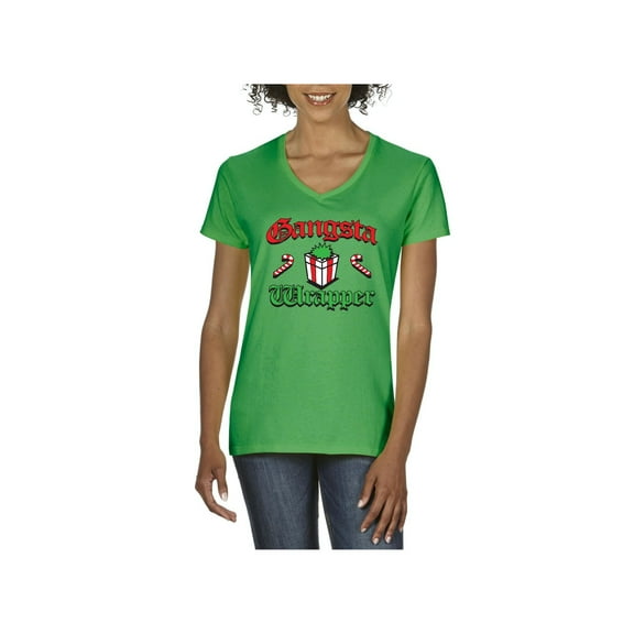 MmF - Women's T-Shirt V-Neck Short Sleeve, up to Women Size 3XL - Christmas Wrapper