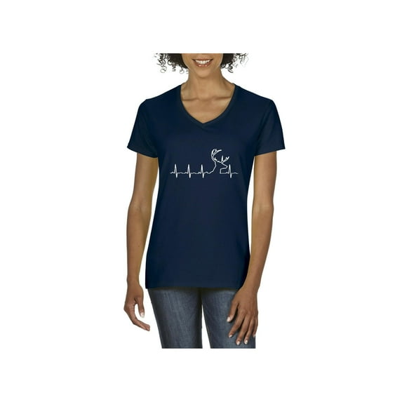 MmF - Women's T-Shirt V-Neck Short Sleeve, up to Women Size 3XL - Deer Heartbeat