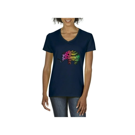 MmF - Women's T-Shirt V-Neck Short Sleeve, up to Women Size 3XL - Elephant