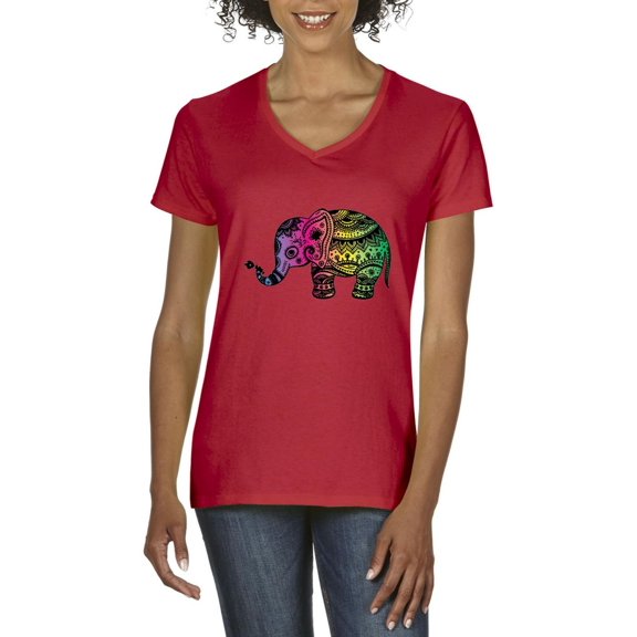 MmF - Women's T-Shirt V-Neck Short Sleeve, up to Women Size 3XL - Elephant