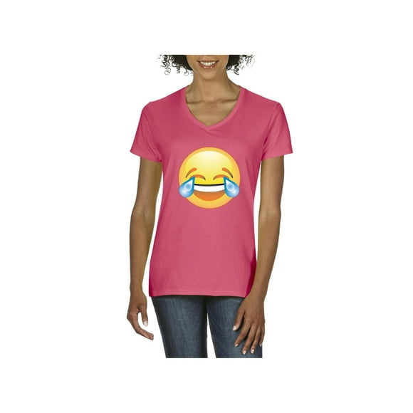 MmF - Women's T-Shirt V-Neck Short Sleeve, up to Women Size 3XL - Emoji Laughing Tears