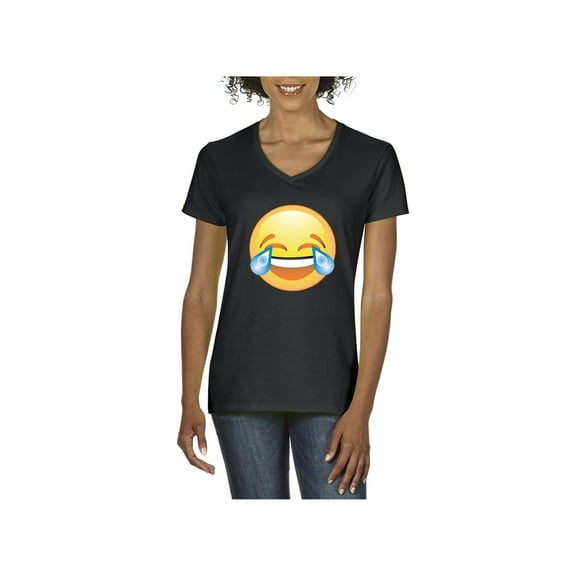 MmF - Women's T-Shirt V-Neck Short Sleeve, up to Women Size 3XL - Emoji Smiling Face
