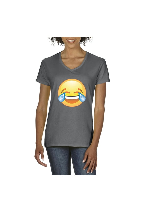 MmF - Women's T-Shirt V-Neck Short Sleeve, up to Women Size 3XL - Emoji Smiling Face