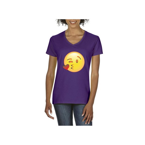 MmF - Women's T-Shirt V-Neck Short Sleeve, up to Women Size 3XL - Emoji Winky Face
